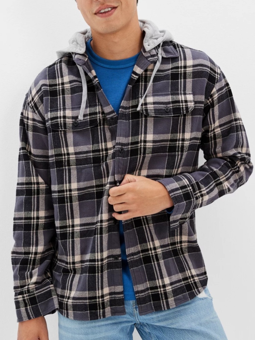 American Eagle Men’s Hooded Flannel Shirt Jacket Navy Plaid Size XL